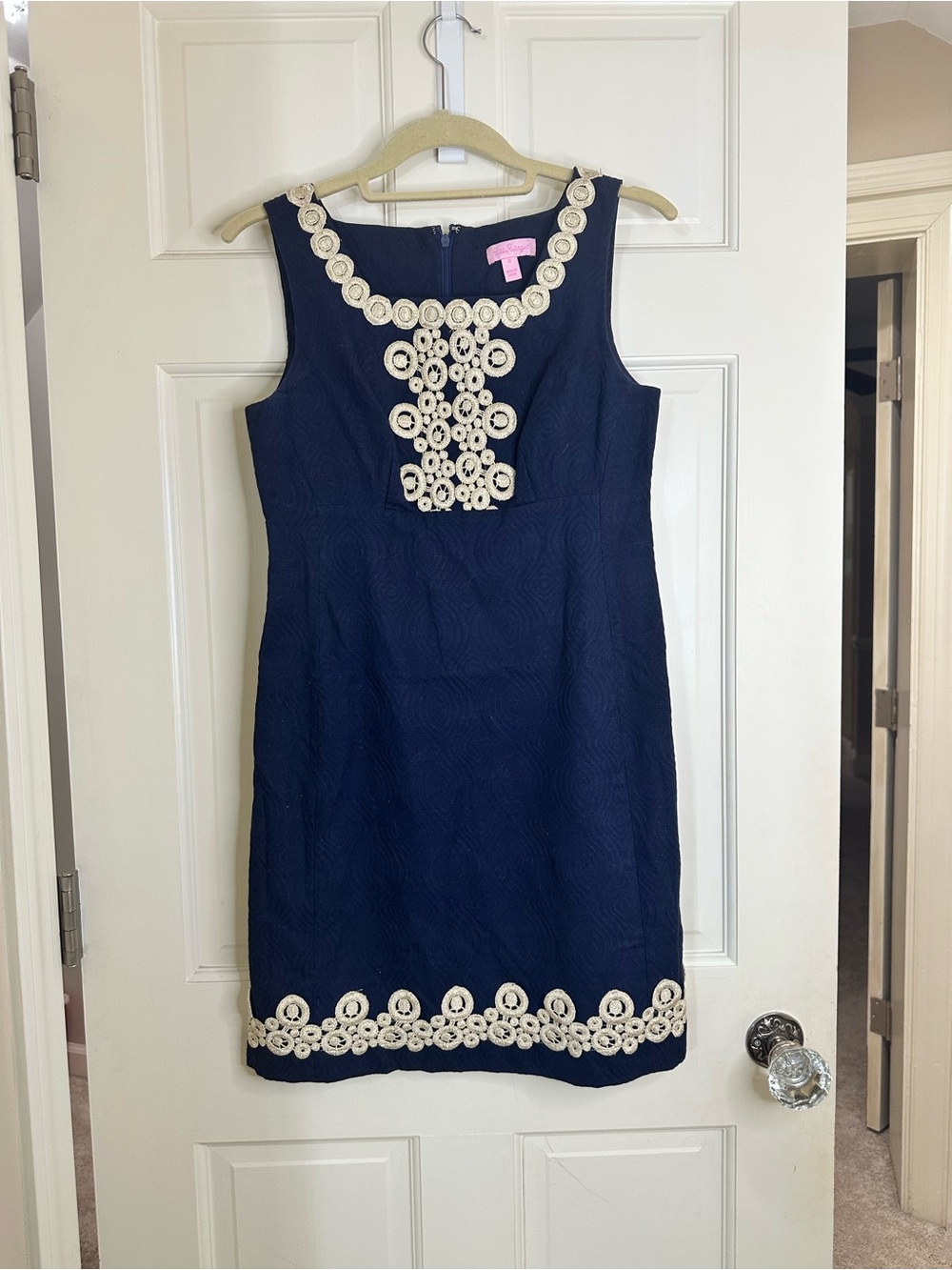 Lilly Pulitzer Navy Shift Dress with Cream Crochet Accents